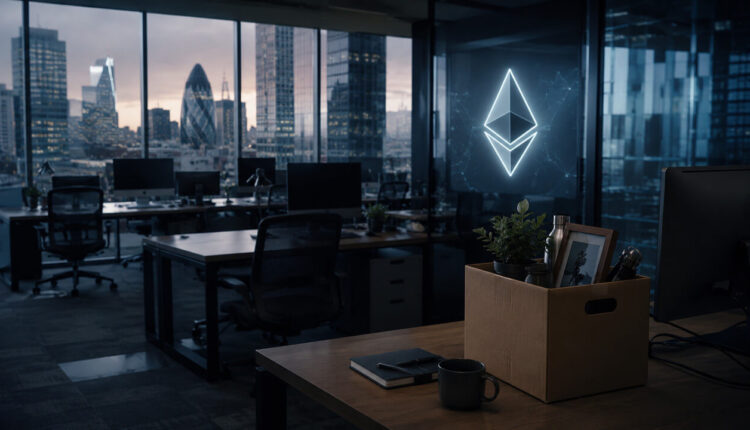 Ethereum Foundation staff in a modern office with Ethereum logo displayed on a large screen, representing the organization