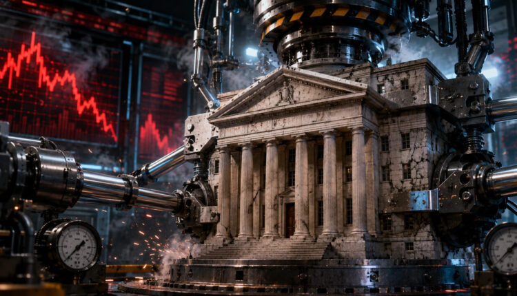 Federal Reserve building with a falling stock market chart illustrating U.S. bank stress test scenario.