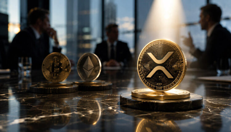 XRP token in a boardroom with institutional investors and rising price chart representing growing institutional demand for XRP ETFs.