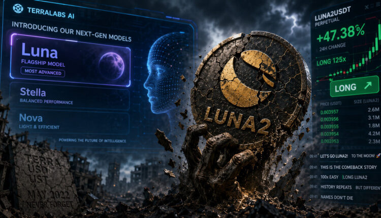 LUNA2 coin with AI-themed background after price surge driven by name confusion hype