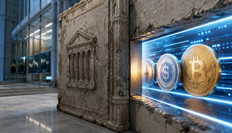 Ancient stone barrier with digital finance interface symbols