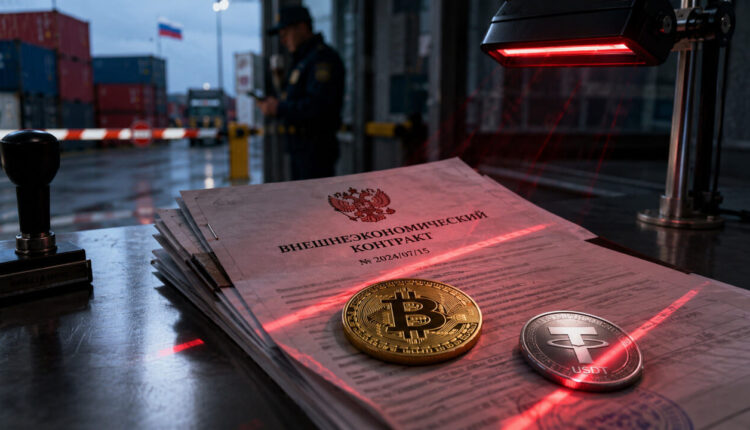 Bitcoin and USDT beside Russian foreign trade documents under customs inspection, illustrating the use of digital currencies in cross-border settlements and international trade under Russia