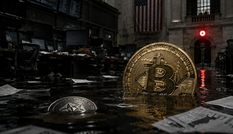 Federal Reserve building with a falling stock market chart illustrating U.S. bank stress test scenario.