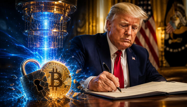 Trump signing an executive order as quantum computing and Bitcoin market data charts highlight the intersection of US technology policy, quantum computing, and cryptocurrency security.
