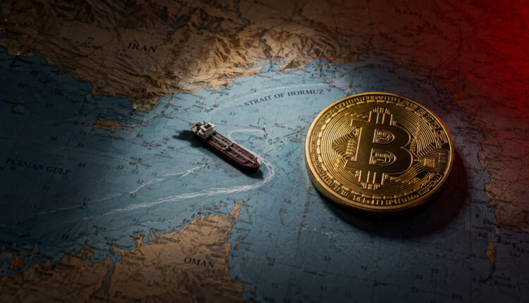 Bitcoin coin and tanker marker on a Strait of Hormuz map, symbolizing crypto market resilience during oil shipping disruption and U.S.-Iran conflict.