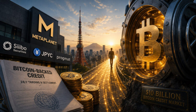 A Bitcoin coin feeds a financial document machine in a Tokyo boardroom, symbolizing companies turning Bitcoin holdings into tokenized credit instruments.