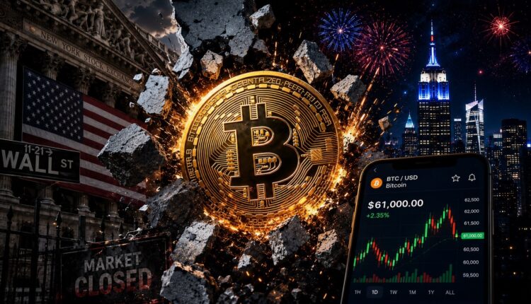 Bitcoin Freedom Money Independence Day graphic with Bitcoin breaking through Wall Street closure and 24/7 trading theme