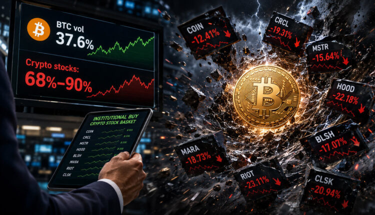 Crypto stocks vs Bitcoin volatility comparison showing Bitcoin price chart alongside publicly traded crypto company stocks.