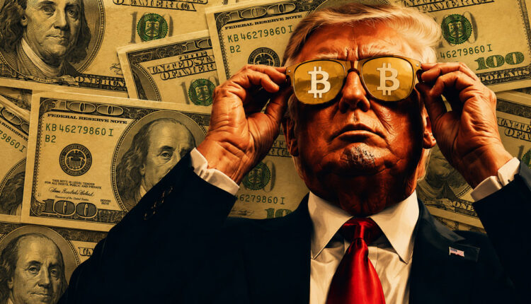 Stylized political figure adjusts gold sunglasses displaying Bitcoin symbols against a collage of US dollar bills.