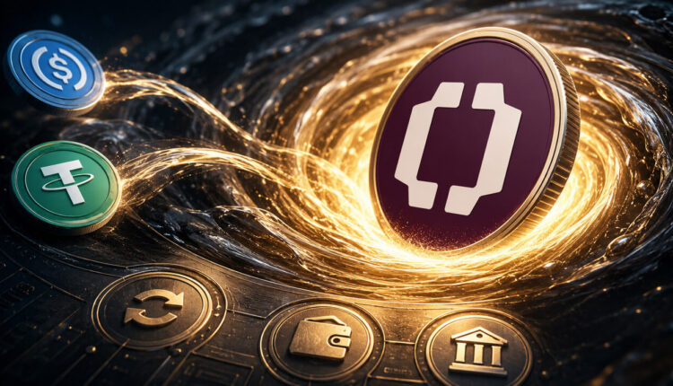 Illustration of OpenUSD and USDC shields facing each other, representing competition over stablecoin network effects.