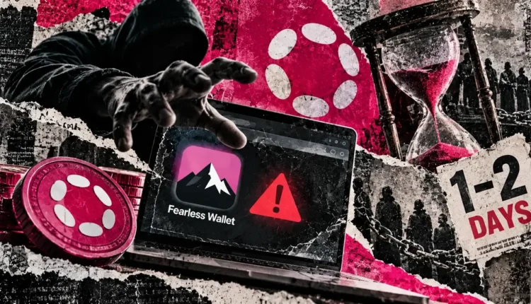 Editorial collage of a looming figure reaching toward a Fearless Wallet laptop beside a draining hourglass and Polkadot symbols.