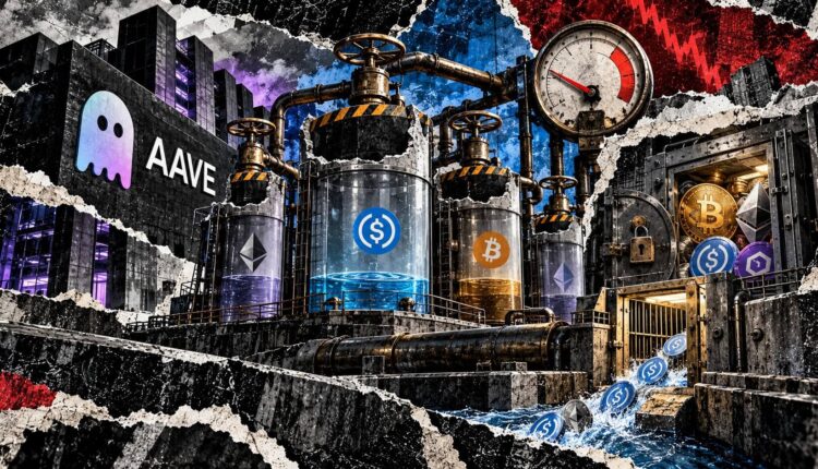 Editorial collage of Aave’s capped lending pools, reduced rate gauge, collateral vault and limited withdrawal liquidity.