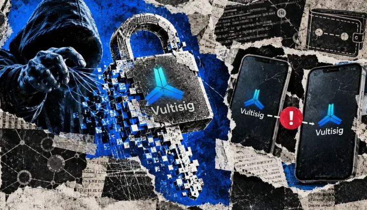 Editorial collage showing a fractured Vultisig padlock, an obscured attacker, two wallet devices, and a red security warning.