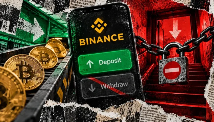 A Binance smartphone shows deposits enabled and withdrawals disabled beside a chained exit in a red and green editorial collage.