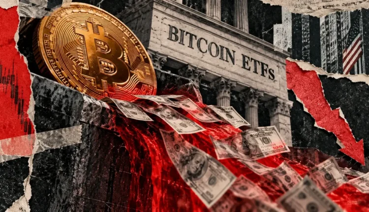 Editorial collage showing Bitcoin above a red market spill with falling cash, financial architecture, torn paper and distressed analog textures.