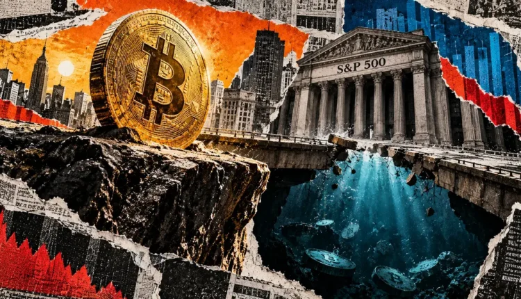 A large Bitcoin coin faces an S&P 500 stock-exchange building across a collapsing bridge over a deep blue void with sinking coins.
