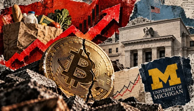 Editorial collage of a cracked Bitcoin coin, grocery bag, Federal Reserve building, inflation arrow, and University of Michigan emblem.