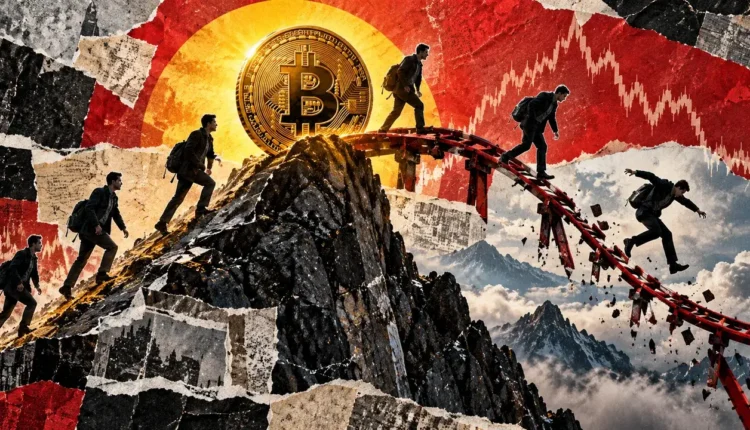 Editorial collage of a Bitcoin summit, multiple climbers and a collapsing red track symbolizing the risk of a failed price recovery.