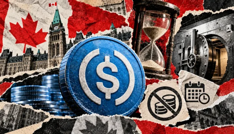 Editorial collage of a stablecoin symbol, Canadian Parliament, an hourglass, and a bank vault illustrating proposed redemption limits.