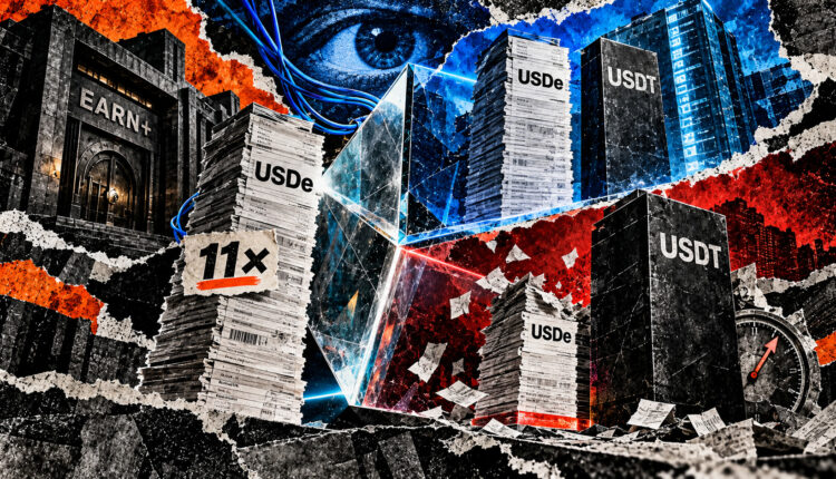 Torn-paper collage showing an Earn+ USDe stack split by a pricing prism into a full oracle valuation and a smaller exit value beside unchanged USDT debt.