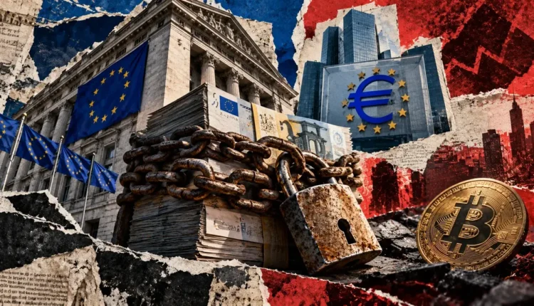 A padlocked stack of euro banknotes stands before European banking architecture, with Bitcoin nearby amid torn financial papers.