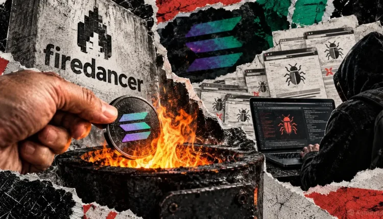 Editorial collage of a Solana coin burning beside the Firedancer logo as a bug bounty researcher examines duplicate vulnerability reports.
