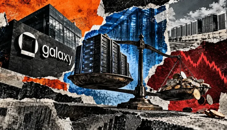 Editorial collage of Galaxy Digital, AI server racks, and a balance scale weighing technology infrastructure against coins.
