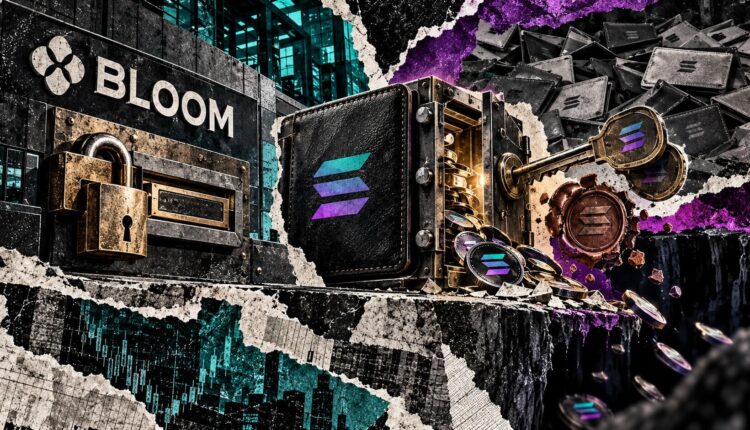 Editorial collage of a locked Bloom withdrawal system beside an open Solana wallet controlled by a separate key.