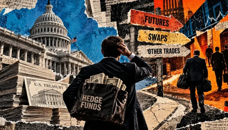 A suited investor carrying a hedge fund bag looks toward futures and swaps signs, with Treasury documents and the Capitol nearby.