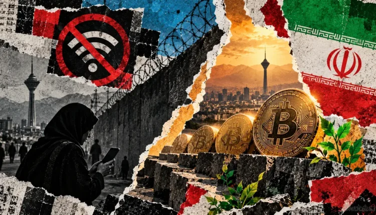 Editorial collage of a woman viewing Bitcoin on her phone beside a Tehran cityscape, Iranian flag, and crossed-out Wi-Fi symbol.