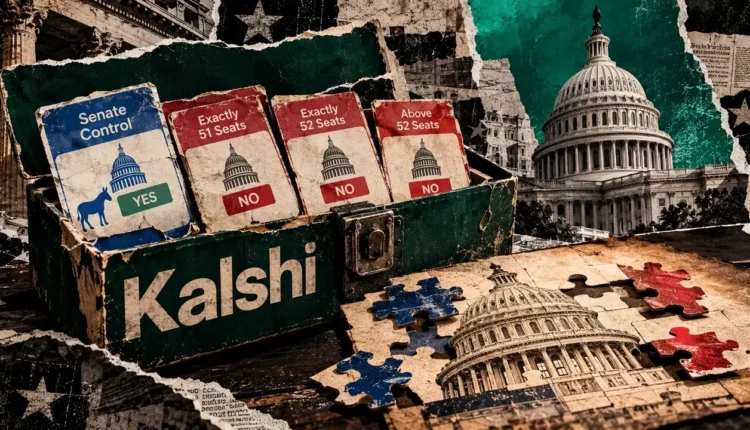 Editorial collage of Kalshi Senate contracts beside an incomplete Capitol puzzle, symbolizing settlement mismatch risk