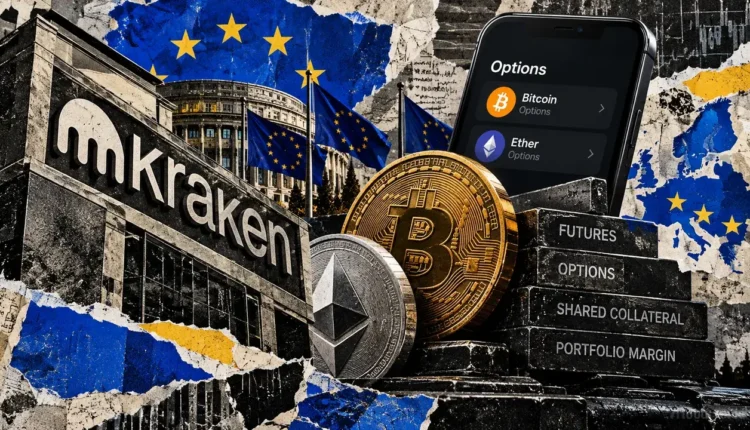 Editorial collage of Kraken, European flags, Bitcoin and Ether options, and shared futures collateral.