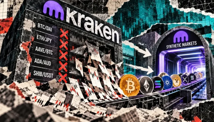 Editorial collage showing Kraken trading pairs crossed out beside crypto assets moving toward a synthetic-market gateway