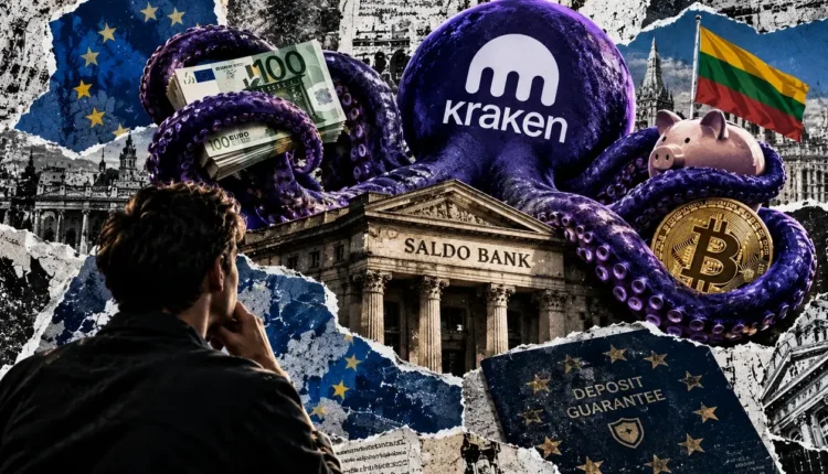 A purple Kraken octopus surrounds Saldo Bank with euro banknotes, Bitcoin, a piggy bank, and European deposit guarantee symbols.