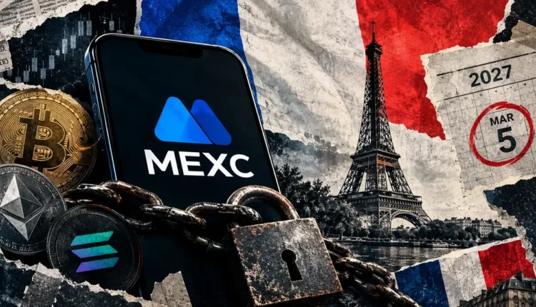 MEXC mobile trading screen secured by heavy chains and a padlock, with Paris and a March 5 deadline in the background.