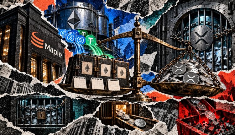 Editorial collage of Maple Finance loans funded by Ethereum stablecoin pools and balanced against XRP collateral held in native custody.