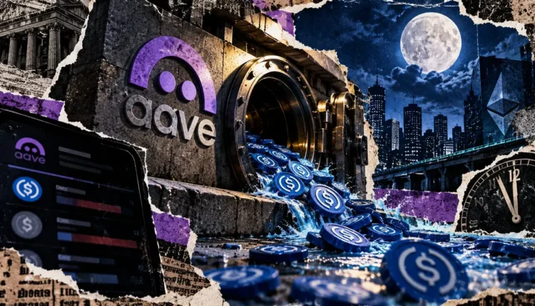 Aave-branded concrete pool with swirling water beside blue USDC tokens entering a drainage grate and a 99.6% utilization indicator.