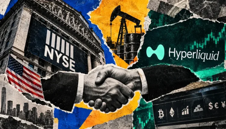 A handshake connects NYSE and Hyperliquid imagery as oil markets and multi-asset trading symbols frame the proposed US derivatives expansion.