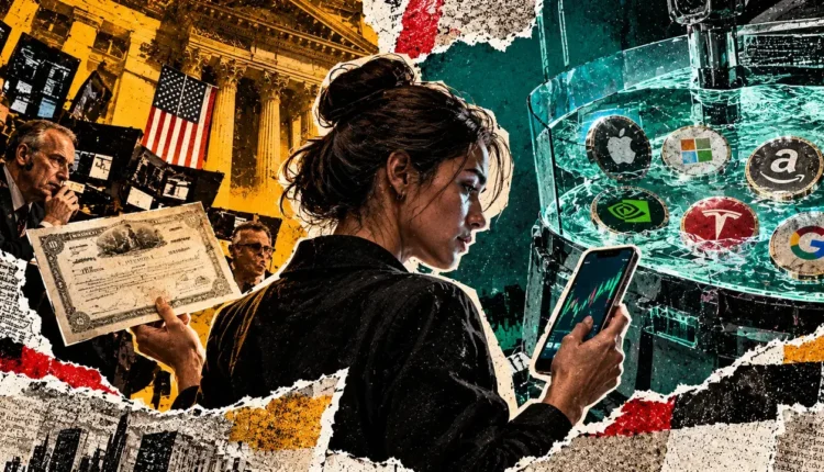 A woman compares a paper stock certificate with a smartphone beside a trading floor and a pool of stock tokens.