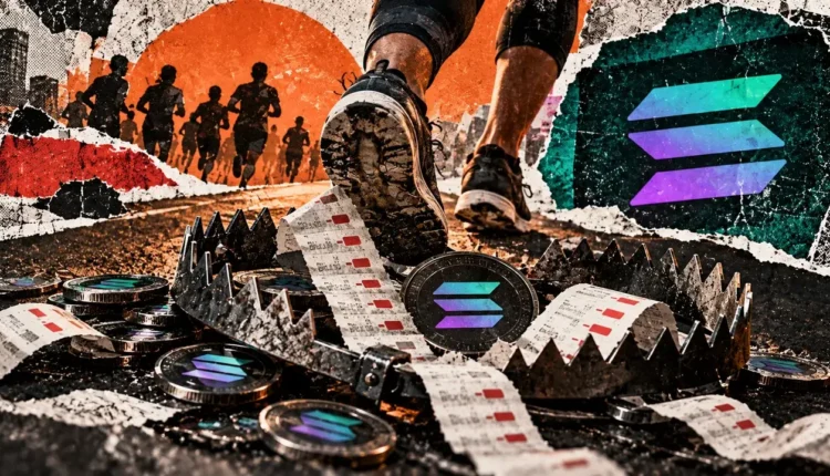 Editorial collage of a runner approaching a rusted trap filled with Solana coins, symbolizing trading fees threatening narrow profits.