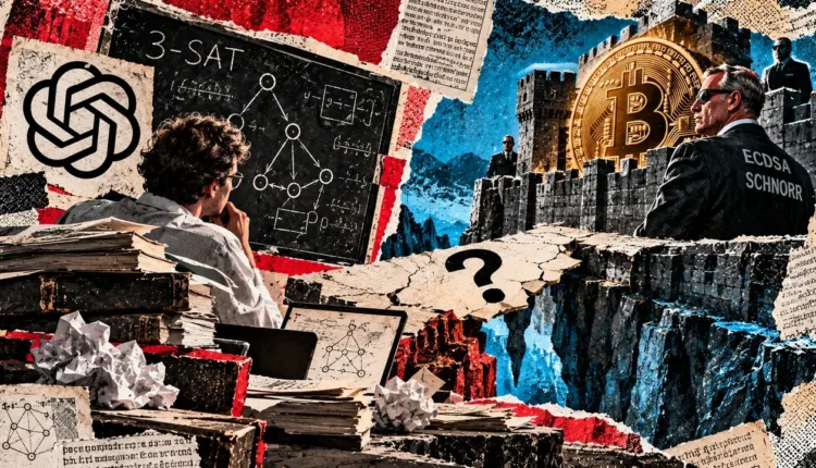 Editorial collage showing a researcher, 3-SAT diagrams and guarded Bitcoin defenses separated by an unresolved security question.