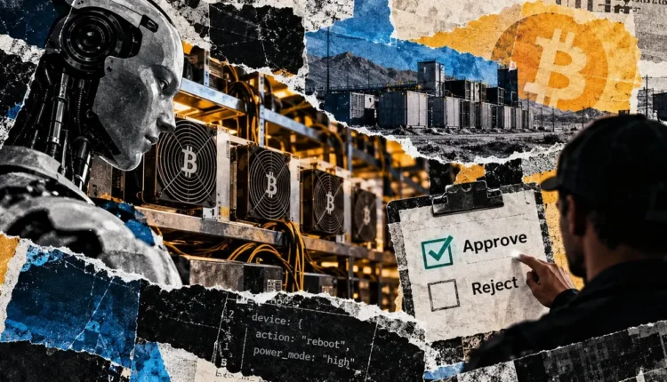 Editorial collage of an AI robot, Bitcoin mining rigs, and a human operator reviewing approval and rejection controls for equipment commands.