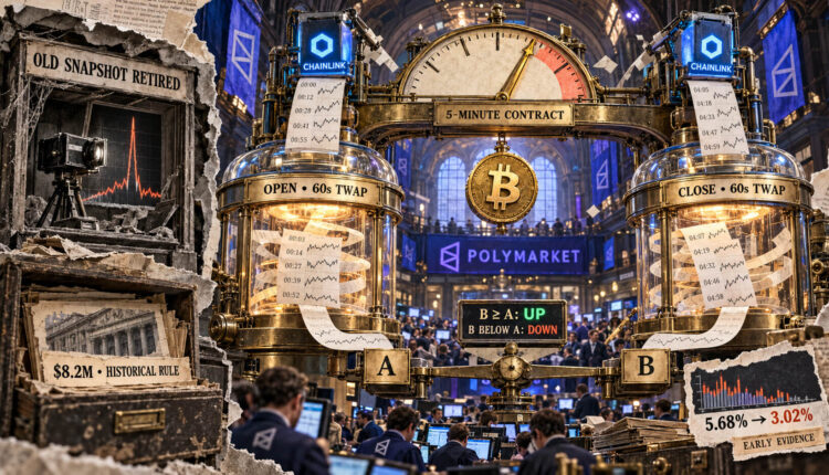 Editorial collage showing Polymarket’s five-minute Bitcoin contract using separate Chainlink opening and closing 60-second TWAP chambers, with the old snapshot rule retired.