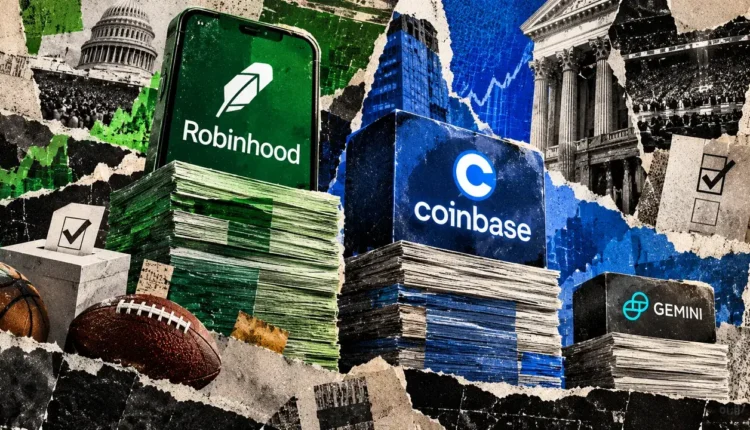Editorial collage showing Robinhood, Coinbase and Gemini on uneven stacks of financial papers, symbolizing differences in event-contract revenue.