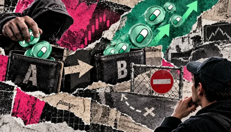 An editorial collage of tokens moving between wallets A and B while a copy trader faces a fenced barrier marked with a no-entry sign.