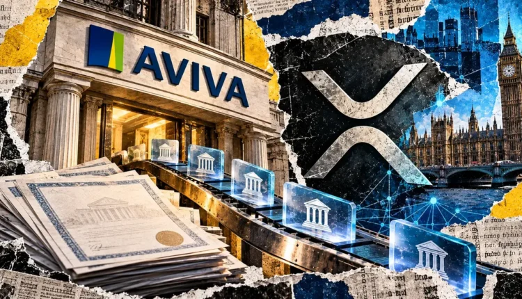 Editorial collage of an Aviva building, financial certificates, a conveyor carrying digital assets, an XRP symbol, and London landmarks.