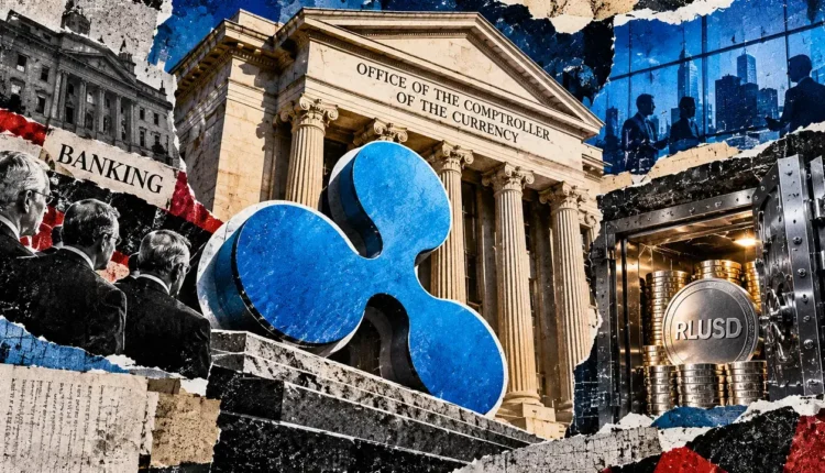 Editorial collage of Ripple’s emblem, a federal banking building, financial executives, and RLUSD reserves inside a vault.