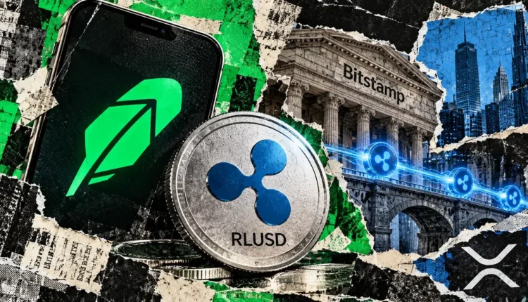 RLUSD token and Robinhood smartphone stand before a bridge leading toward Bitstamp, with a financial network beneath.