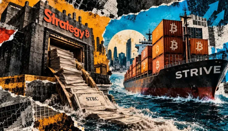 Editorial collage of a Strategy-branded fortress with STRC documents opposite a Strive cargo ship carrying Bitcoin-marked containers.
