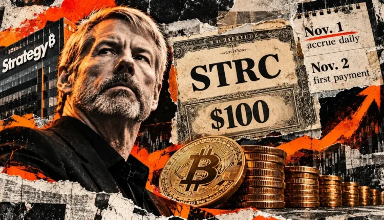 Michael Saylor with an STRC $100 certificate, Bitcoin stacks, and calendar dates for daily dividends.